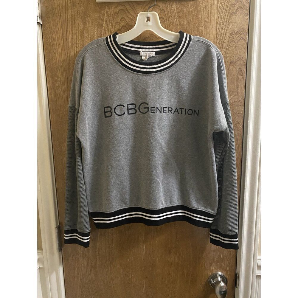 BCBGeneration Mesh Sleeve Pullover Sweatshirt Grey Black White Long Sleeve M